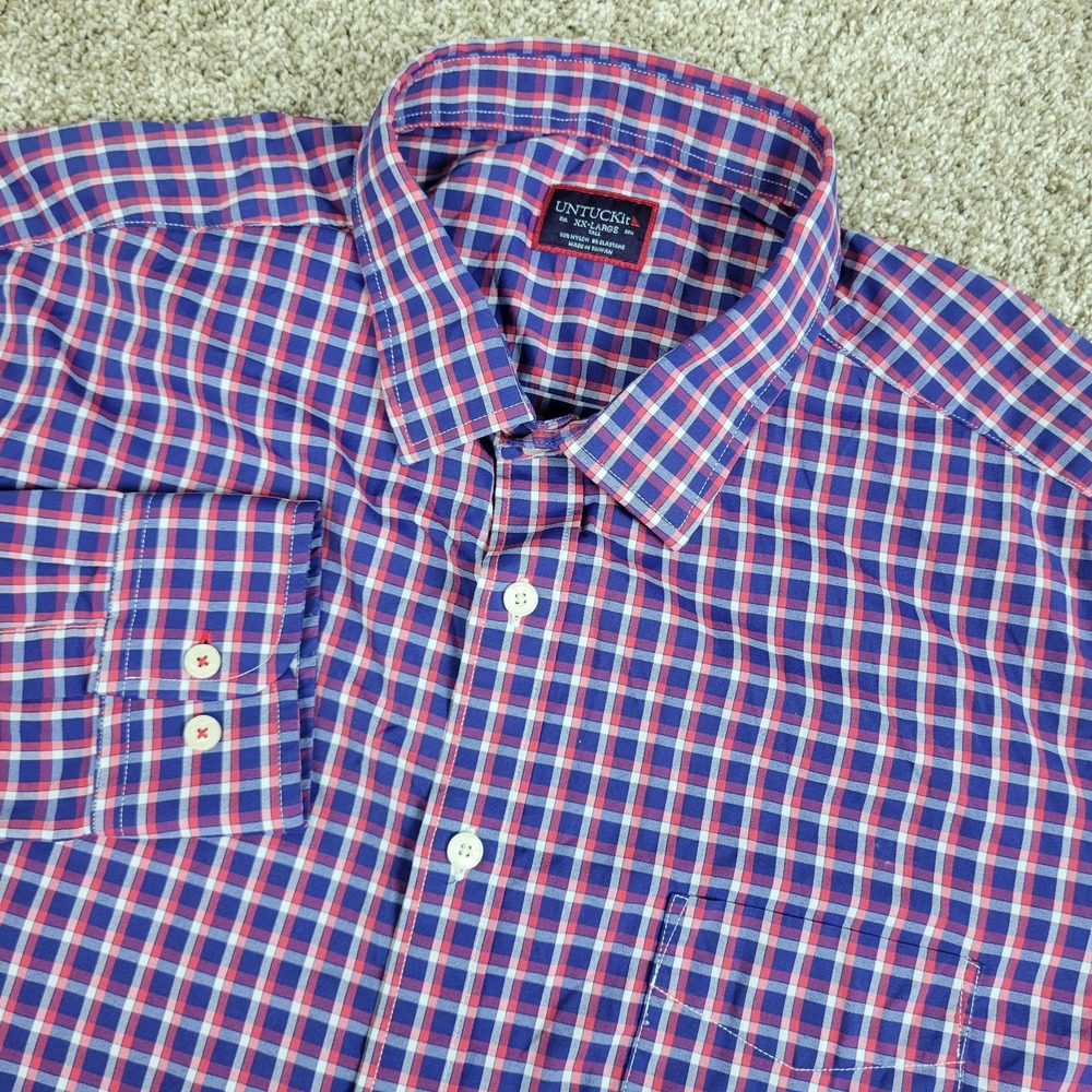 Untuckit Mens 2XLT Blue Red White Plaid Performance Stretch Button Up LS